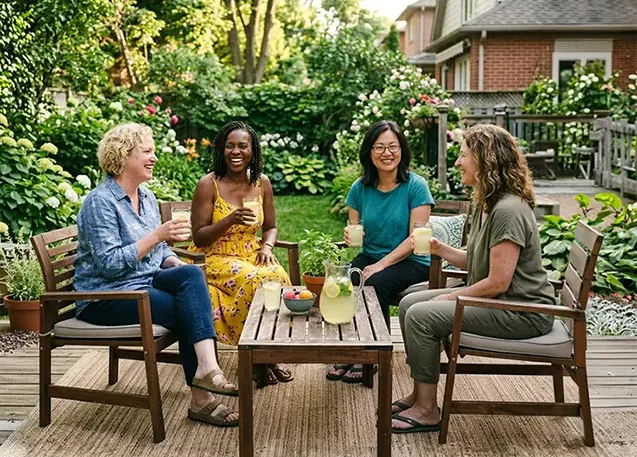 A group of middle aged women friends sitting in the backyard drinking lemonade, talking about perimenopause Canada